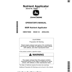 John Deere 800R Nutrient Applicator (220001-) (North America) Operator's Manual (OMKK78860) - Image 1