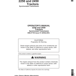 John Deere 2250, 2450 Tractors Operator's Manual (OML57765) - Image 1