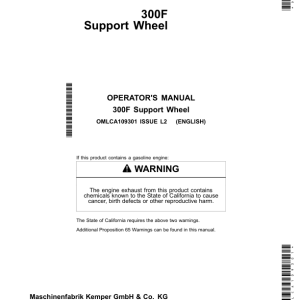 John Deere 300F Support Wheel for 375 Rotary Harvesting Unit Operator's Manual (OMLCA109301) - Image 1