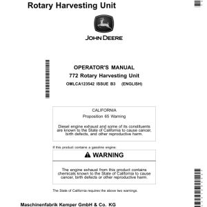 John Deere 772 Rotary Harvesting Unit (North America) Operator's Manual (OMLCA123542) - Image 1