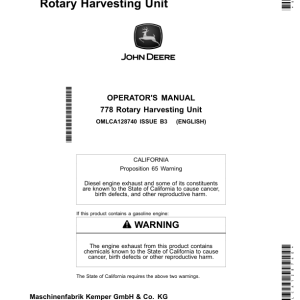 John Deere 778 Rotary Harvesting Unit (North America) Operator's Manual (OMLCA128740) - Image 1