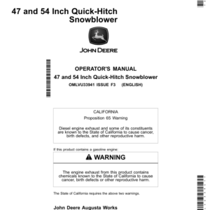 John Deere 47 & 54 Inch Quick-Hitch Snowblowers Operator's Manual (OMLVU33941) - Image 1