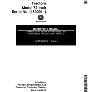 John Deere 72-Inch Mid-Mount Mower for 4500, 4600 CUT (180001-) Operator's Manual (OMM136127) - Image 1