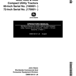 John Deere 60-Inch (160001-), 72-Inch (170001-) Mid Mount Mowers for 4200, 4300, 4400 CUT Operator's Manual (OMM136131) - Image 1