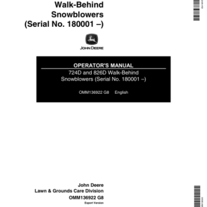 John Deere 724D, 826D Walk-Behind Snowblowers (180001- ) Operator's Manual (OMM136922) - Image 1