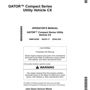 John Deere CX Gator Utility Vehicle Operator's Manual (OMM168596) - Image 1