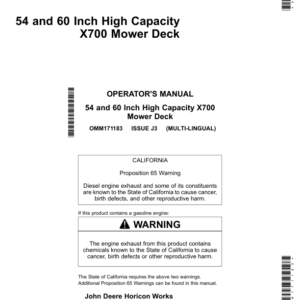John Deere 54 & 60 In. High Capacity Mower Deck for X700 Series Tractors Export Edition (010001-030001) Operator's Manual (OMM171183) - Image 1