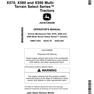 John Deere 30-Inch Mechanical Tillerfor X570, X580, & X590Multi-Terrain Select Series Tractors North American Edtion (090001- ) Operator's Manual (OMM173802) - Image 1