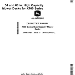 John Deere 54 & 60 In. High Capacity Mower Deck with non-greaseable, locking pin gauge wheels for X700 Series Tractors Export Edition (040001-) Operator's Manual (OMM175657) - Image 1