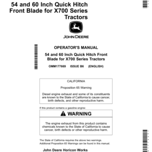 John Deere 54 Inch & 60 Inch Quick Hitch Blade for X700 Series Tractors 54 Inch Blade (150001- ) 60 Inch Blade (010001- ) Operator's Manual (OMM177669) - Image 1