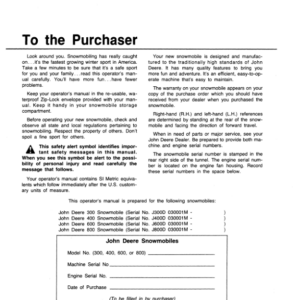 John Deere 300, 400, 500 & 600 Snowmobiles (030001-055000) Operator's Manual (OMM65275) - Image 2