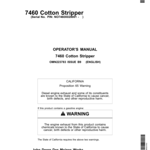 John Deere 7460 Cotton Strippers North America (028001-029000) Operator's Manual (OMN223783) - Image 1