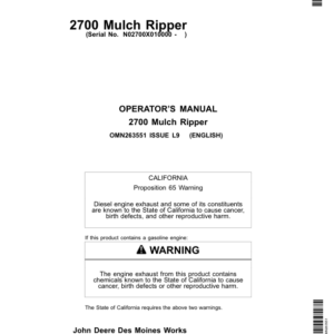 John Deere 2700 Mulch Ripper (010000-) Operator's Manual (OMN263551) - Image 1