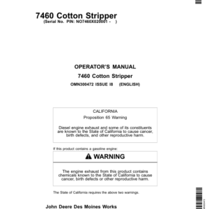 John Deere 7460 Cotton Strippers North America (020001-028000) Operator's Manual (OMN300472) - Image 1