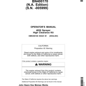 John Deere 4830 Sprayer High Clearance Kit BN400170 (-005999) Operator's Manual (OMN390188) - Image 1