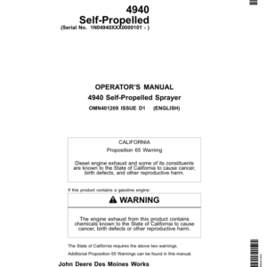 John Deere 4940 Self-Propelled Sprayer (000101-) Operator's Manual (OMN401209) - Image 1