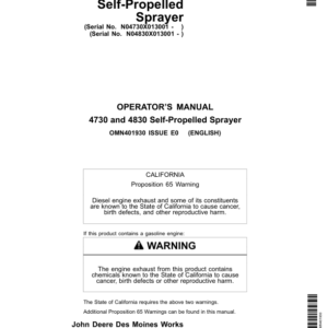 John Deere 4730 (013001-018000) & 4830 (013001-023000) Self-Propelled Sprayer (Export Edition) Operator's Manual (OMN401930) - Image 1