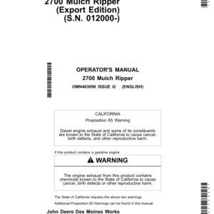 John Deere 2700 Mulch Ripper (012000-) Operator's Manual (OMN403098) - Image 1