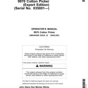 John Deere 9970 Cotton Picker (Export Edition) (035001-) Operator's Manual (OMN404009) - Image 1