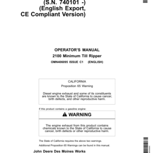 John Deere 2100 Minimum Till Ripper Export Edition - CE Compliant Version (740101- ) Operator's Manual (OMN406095) - Image 1