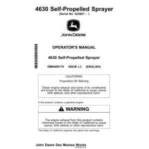 John Deere 4630 Self-Propelled Sprayers Export Edition (023001-028000) Operator's Manual (OMN409170) - Image 1