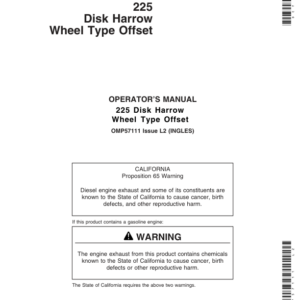 John Deere 225 Wheel Type Offset Disk Harrow North America (001001-026749) Manufactured in Mexico Operator's Manual (OMP57111) - Image 1