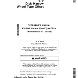 John Deere 670 Disk Harrow Wheel Type Offset (Mexico Edition) Operator's Manual (OMP58240) - Image 1
