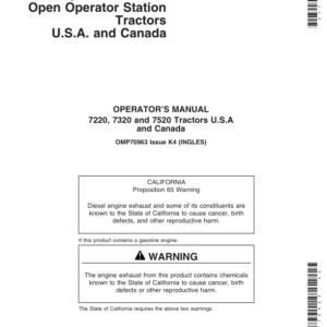 John Deere 7220, 7320, 7520 Open Operator Station Tractors Operator's Manual (OMP70963) - Image 1