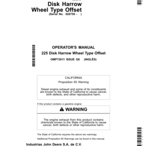 John Deere 225 Disk Harrow Wheel Type Offset (North American) Operator's Manual (OMP72011) - Image 1