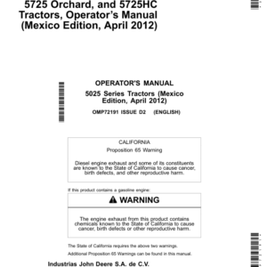 John Deere 5425, 5425 Orchard, 5425HC, 5625, 5625HC, 5725, 5725 Orchard, 5725HC Tractors Operator's Manual (OMP72191) - Image 1
