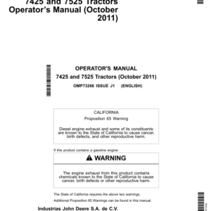 John Deere 7425 & 7525 Tractors Export Edition Operator's Manual (OMP73266) - Image 1