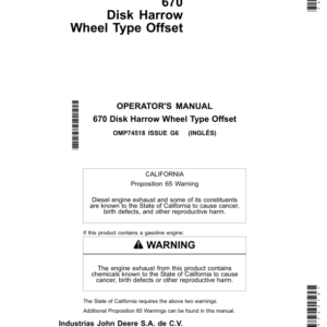 John Deere 670 Disk Harrow Wheel Type Offset (North American) Operator's Manual (OMP74518) - Image 1
