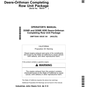 John Deere DO6R & DO8R XDR Deere-Orthman Planters Completing Row Unit Package North America (760101-) Operator's Manual (OMP75049) - Image 1