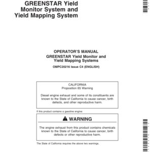 John Deere Greenstar Yield Monitor & Mapping System for 9400, 9500, 9510, 9600, 9610, CTS Series Combines Operator's Manual (OMPC20216) - Image 1