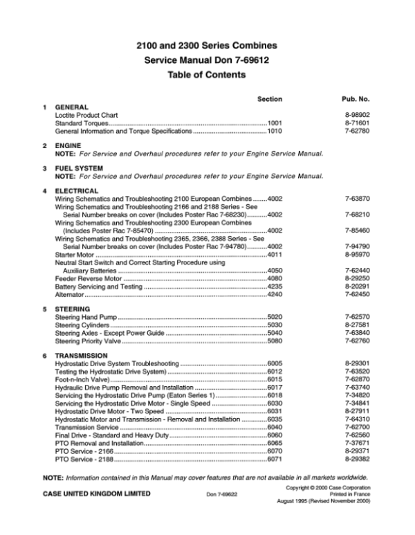 Case 2100, 2300 Series Combines Service Repair Manual