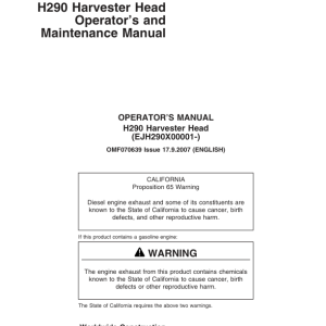 John Deere H290 Harvesting Heads Operator's Manuals (F070639) - Image 1
