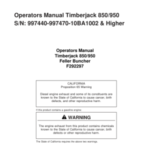 John Deere 850, 950 Tracked Feller Bunchers Operator's Manuals (F292297) - Image 1