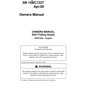 John Deere S547 Stt Disc Saw Felling Heads Operator's Manuals (F295725A) - Image 1