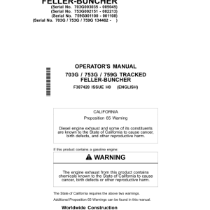 John Deere 703G, 753G, 759G Tracked Feller Bunchers Operator's Manuals (F387428) - Image 1