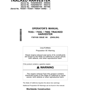 John Deere 703G, 753G, 759G Tracked Harvesters Operator's Manuals (F387438) - Image 1