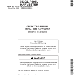 John Deere 753GL, 608L Tracked Harvesters Operator's Manuals (OMF387443) - Image 1