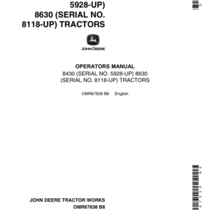 John Deere 8430 (059280-), 8630 (008118-) Tractors Operator's Manual (OMR67838) - Image 1