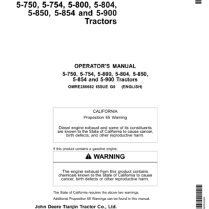 John Deere JD5-750, JD5-754, JD5-800, JD5-804, JD5-850, JD5-854, JD5-900 Tractors Operator's Manual (OMRE280682) - Image 1