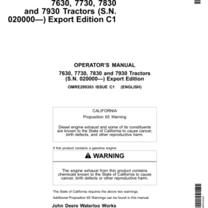 John Deere 7630, 7730, 7830, 7930 Tractors (020000-) (Export Edition) Operator's Manual (OMRE299303) - Image 1