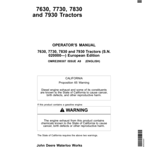 John Deere 7630, 7730, 7830 & 7930 Tractors European Edition (020000-027999) Operator's Manual (OMRE299307) - Image 1