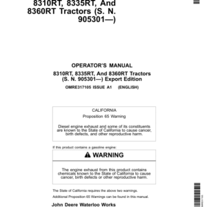 John Deere 8310RT, 8335RT & 8360RT Tractors Export Edition (905301-907100) Operator's Manual (OMRE317105) - Image 1