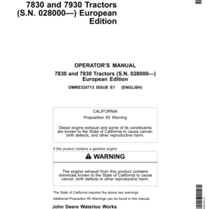 John Deere 7830, 7930 Tractors *Tier II Version*(European Edition) (028000-) Operator's Manual (OMRE335713) - Image 1