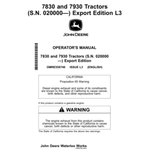 John Deere 7830 & 7930 Tractors Export Edition (020000-034999) Operator's Manual (OMRE558746) - Image 1