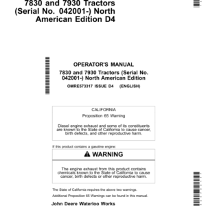 John Deere 7830 & 7930 Tractors North America (042001-044000) Operator's Manual (OMRE573317) - Image 1