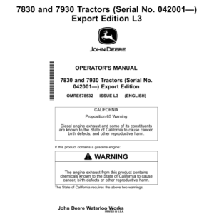 John Deere 7830 & 7930 TractorsExport Edition (042001-) Operator's Manual (OMRE578532) - Image 1